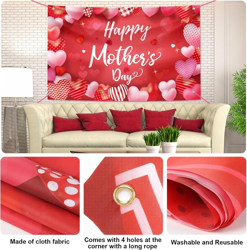 Sophena Large Happy Mother's Day Banner Decorations Mothers Day Flag Outdoor 71x44 Inch,Mom Gifts for Indoor Home House Decor Party Supplies,Yard Sign Background for Photography,Red Heart - Image 2